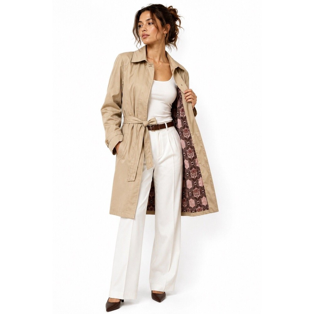 Towne Collection Beige Belted Trench Coat Medium Patterned Lining Y2K
